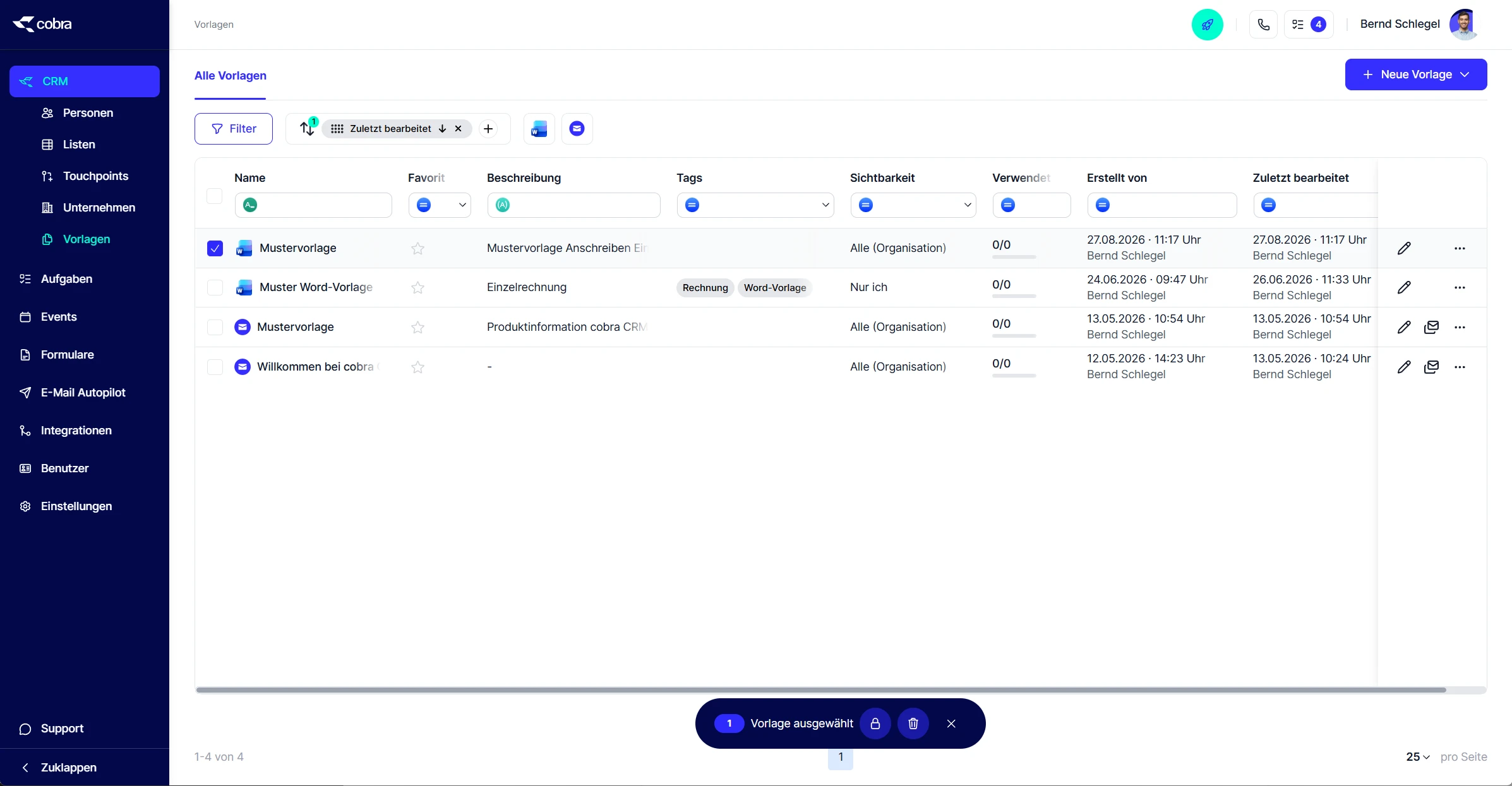 CRM Cloud Word Add-In Variablen Browser Vorlage hochgeladen Uebersicht